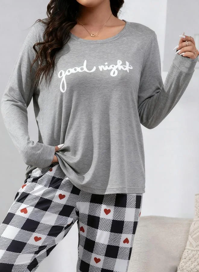 Take Two  Slogan Printed T-Shirt and Checked Pyjama Set for Women | Best Price UAE
